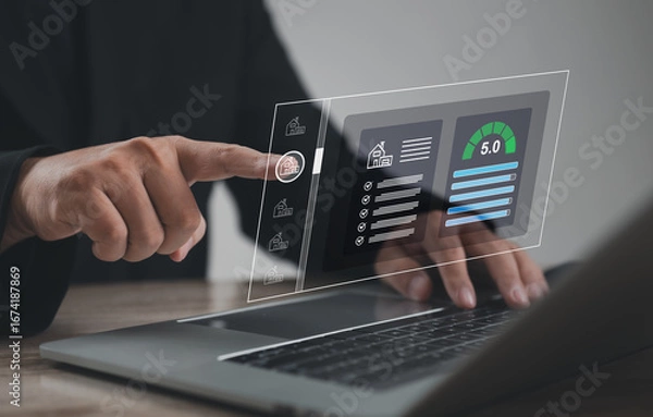 Fototapeta Digital property evaluation dashboard with rating score and checklist interface, symbolizing smart real estate analysis, virtual appraisal, housing performance, and online property management system.