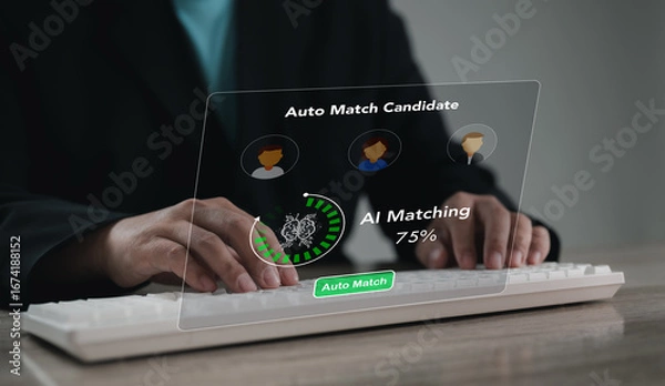 Fototapeta Futuristic concept of AI auto match candidate system on virtual screen. Artificial intelligence technology helps businesses automate recruitment and improve human resources efficiency.