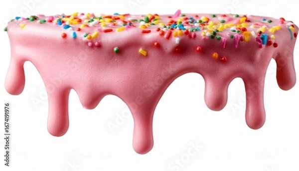 Fototapeta pink cream with colorful sprinkles dripping down from top isolated on white background