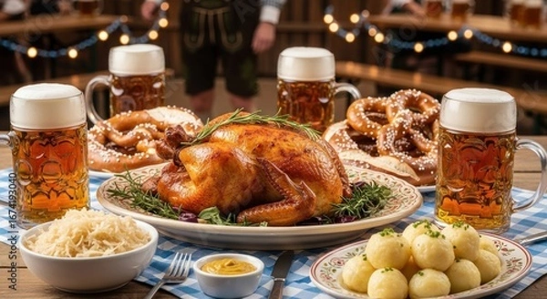 Fototapeta A table set with a roasted chicken, pretzels, and beer mugs in a traditional German setting.