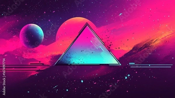 Fototapeta neon geometric landscape with astral planets and vibrant colors for futuristic backgrounds