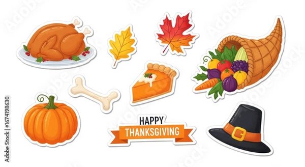 Fototapeta A Thanksgiving-themed sticker set with a turkey, pumpkin, pie, cornucopia, and other festive elements.