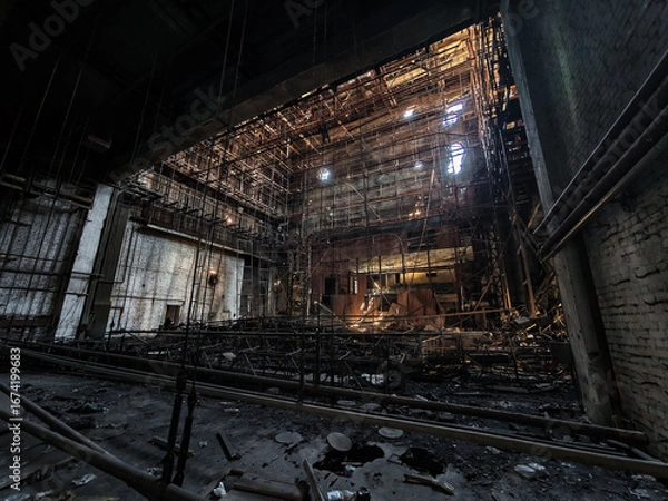 Fototapeta inside a building burned down and destroyed during the war in a city in Ukraine