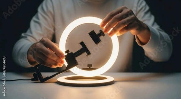 Fototapeta sequence of assembling portable LED ringlight with smartphone clamp perfect for creating ideal lighting during influencer unboxings.