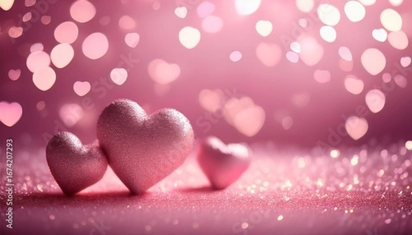 Fototapeta pink hearts on a pink background with bokeh