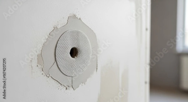 Fototapeta Professional drywall repair showing mesh patch placement on a minor surface hole ready for sanding and repainting.