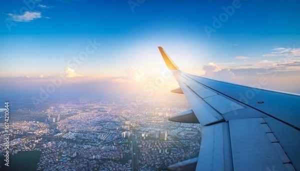 Fototapeta morning flight with sunlight wing of plane over city view airplane flying above clouds blue sky scenic view from window commercial airline flight mechanics concept