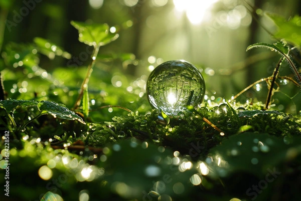 Fototapeta a round drop of water in a clearing in a green forest morning sun 
