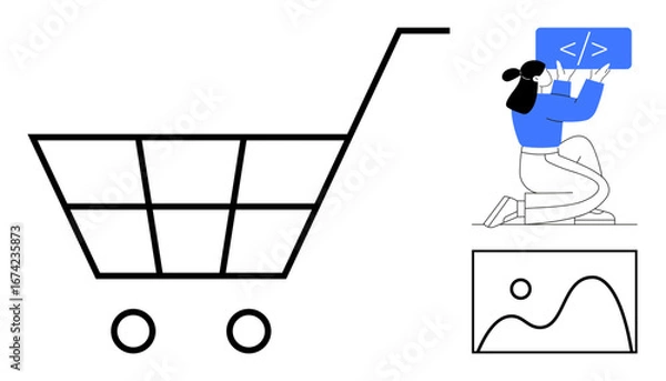Fototapeta Shopping cart outline, developer working with code, and minimalistic graphic element. Ideal for e-commerce solutions, web development, user interface design, data integration, online shopping