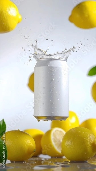 Obraz White Soda Can Splash with Lemons on Gray Background
