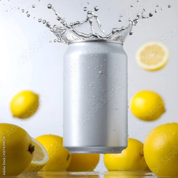 Obraz White Soda Can Splash with Lemons on Gray Background