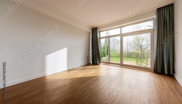 Fototapeta bright and spacious empty room with large window and wooden floor in modern design