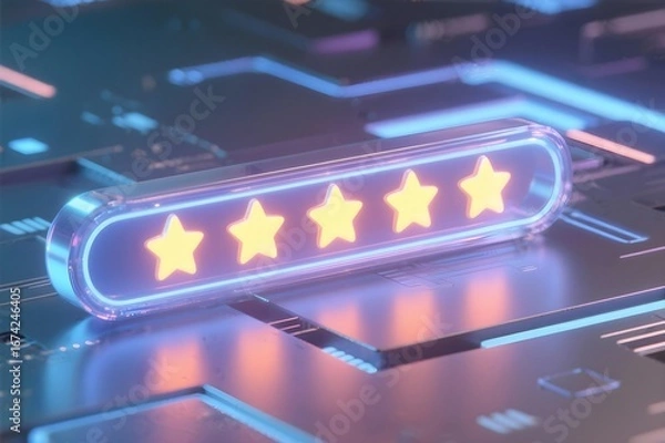 Fototapeta Neon Five-Star Rating: Futuristic Tech Review Concept, Abstract Background