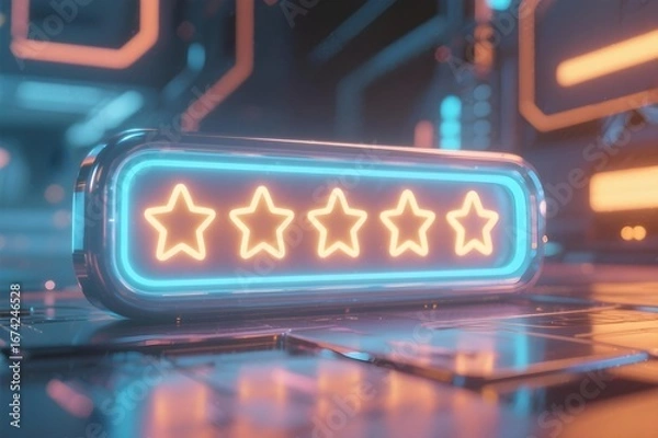 Fototapeta Neon Four-Star Rating: Futuristic Sci-Fi Customer Review Sign