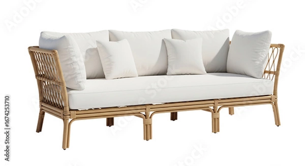 Fototapeta Elegant natural rattan sofa with plush white cushions, ideal for modern interior design, outdoor patio spaces, home decor projects, and luxury furniture advertisements,