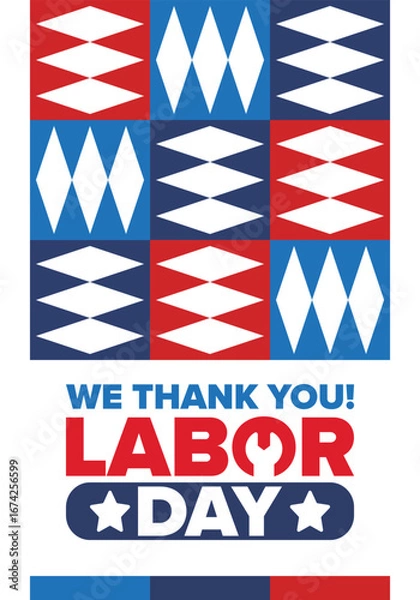 Fototapeta Happy Labor Day. Public federal holiday, celebrate annual in United States. American labor movement. Patriotic american elements. Poster, card, banner and background. Vector illustration