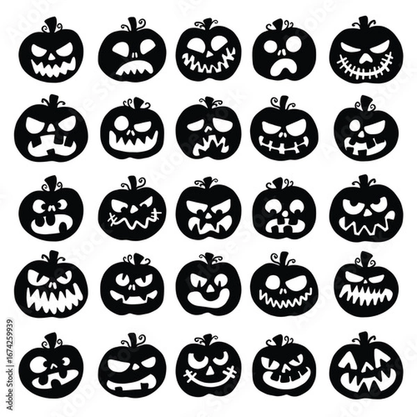 Fototapeta Collection of twenty five black silhouette halloween pumpkin faces on white backgroun isolated on transparent background