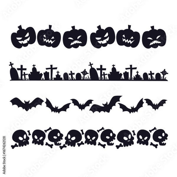 Fototapeta A halloween graphic with pumpkins, graveyard, bats, and skulls in black silhouette isolated on transparent background
