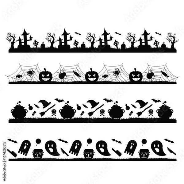 Fototapeta Halloween themed borders with silhouettes of haunted houses and spooky items isolated on transparent background