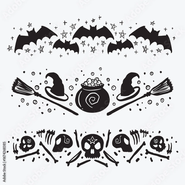 Fototapeta A halloween themed pattern with bats witches hats cauldrons and skull and bones isolated on transparent background