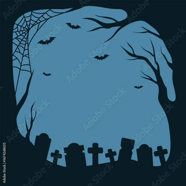 Fototapeta Silhouette of a graveyard with bats and a spiderweb in a hand shaped scene isolated on transparent background