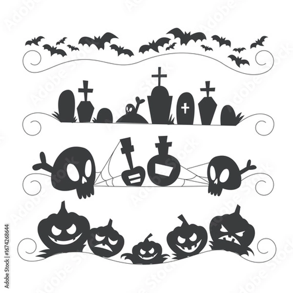Fototapeta Halloween themed graphic with bats tombstones skulls potions and jack o lanterns isolated on transparent background