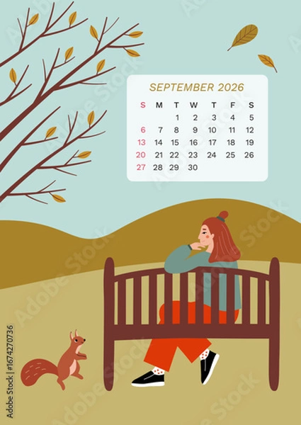 Fototapeta Calendar of september 2026 with hand drawn illistration. Poster with a girl in the forest looking at a squirrel
