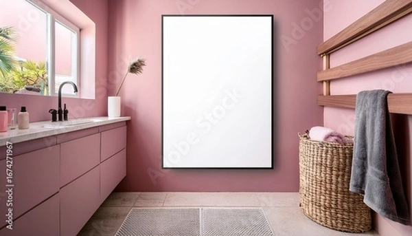 Obraz poster mockup on empty wall in pink bathroom interior