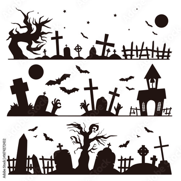 Fototapeta Three halloween graveyard scenes with tombstones bats moon and bare trees in black isolated on transparent background