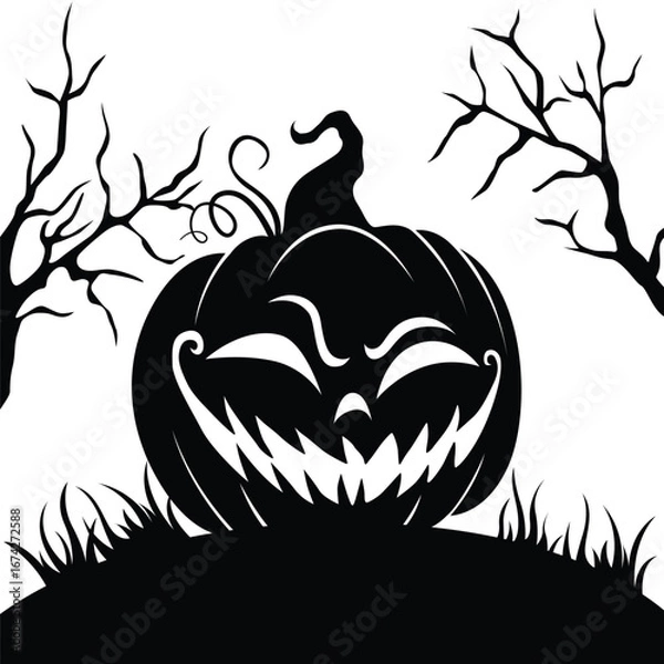 Fototapeta A black and white illustration of a jack o lantern with trees on a white background isolated on transparent background