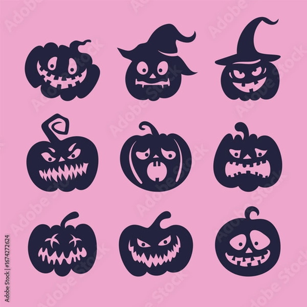 Fototapeta Nine halloween pumpkins with different facial expressions on a pink background isolated on transparent background