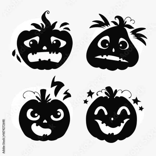 Fototapeta Four black halloween pumpkin silhouettes with different expressions on a white back isolated on transparent background