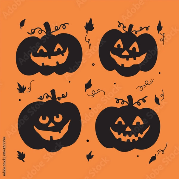 Fototapeta Four black halloween pumpkins with faces on an orange background with leaves dots isolated on transparent background