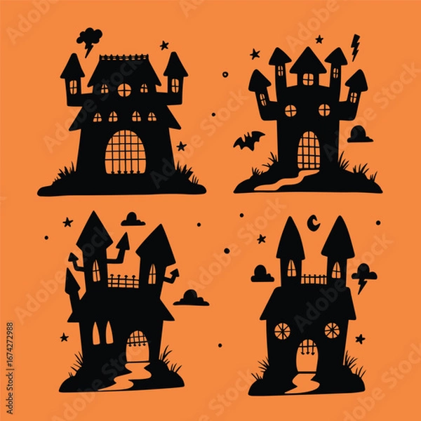 Fototapeta Four black silhouette haunted houses with stars and clouds on an orange background isolated on transparent background