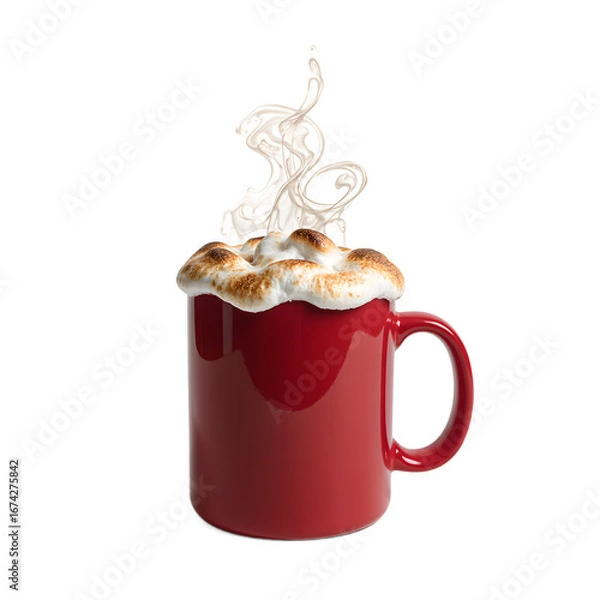 Fototapeta Indulge in a cozy moment with a steaming hot cocoa topped with a melting marshmallow in a pristine white setting, isolated