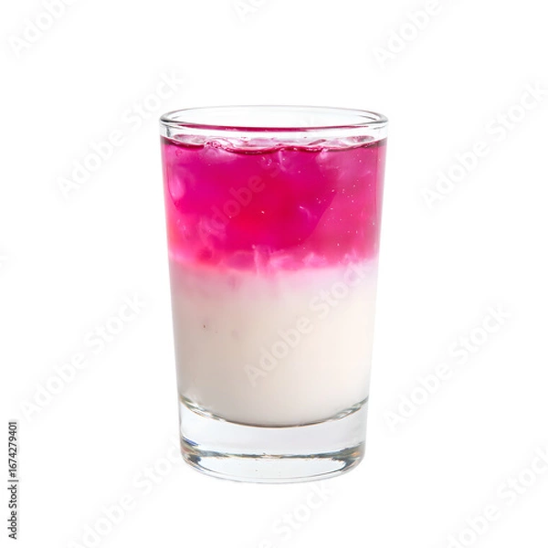 Fototapeta Exquisite layered cocktail in shot glass   creamy white base transitions to vivid pink top Perfect for menus and festive concepts, isolated