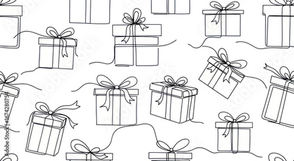 Fototapeta Elegant gift boxes in black line art style repeating pattern for backgrounds and textiles