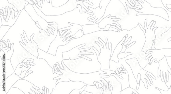 Fototapeta Monochrome line art of hands reaching and interacting in a continuous fluid pattern