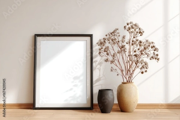 Fototapeta Blank framed art print, dried flowers in vase, minimalist interior