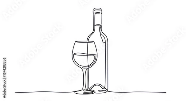 Fototapeta Minimalist wine art showcasing a bottle and glass, a fluid single line design ideal for design