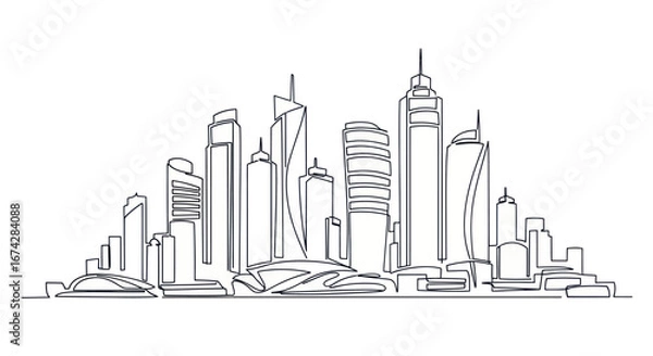 Fototapeta Minimalist continuous line drawing showcasing a modern urban city skyline concept