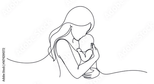 Fototapeta Continuous line drawing showcases the tender bond between mother and child in minimalist design