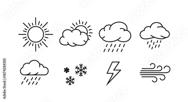 Fototapeta Weather icons collection minimal design showing variety of atmospheric conditions in vector format