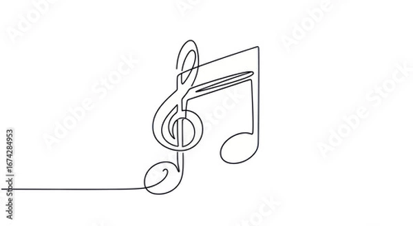 Fototapeta Elegant single line drawing of musical note and treble clef on white backdrop