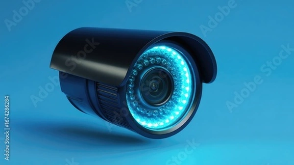 Fototapeta Black security camera with glowing blue LEDs