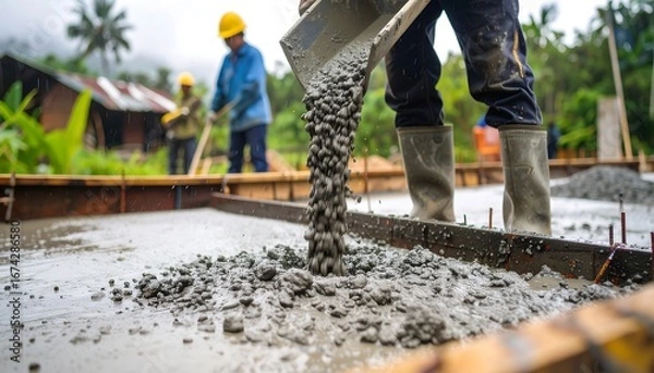 Fototapeta Construction workers pouring concrete