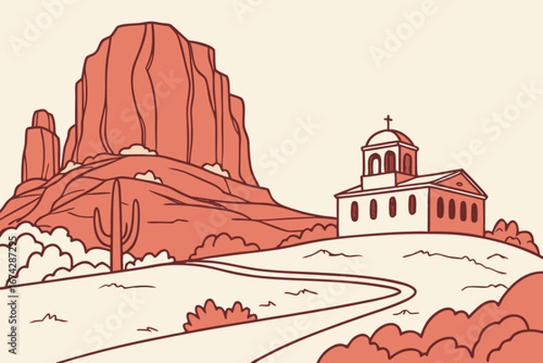 Fototapeta Sedona skyline in linear sketch style, featuring red rock formations, chapel on the rocks, and desert skyline, modern flat illustration style.