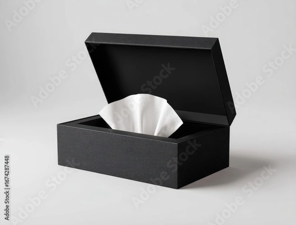 Fototapeta Open black tissue box on a light gray background