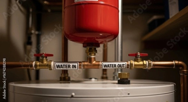 Fototapeta Side angle of a home water heaters expansion tank with clear labels on input and output water pipes.