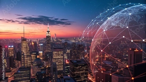 Obraz Global network connecting illuminated modern city skyline at sunset with glowing digital sphere overlay